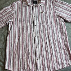 Buffalo David Bitton Men’s Casual Red and White Striped Button Up Linen Shirt
